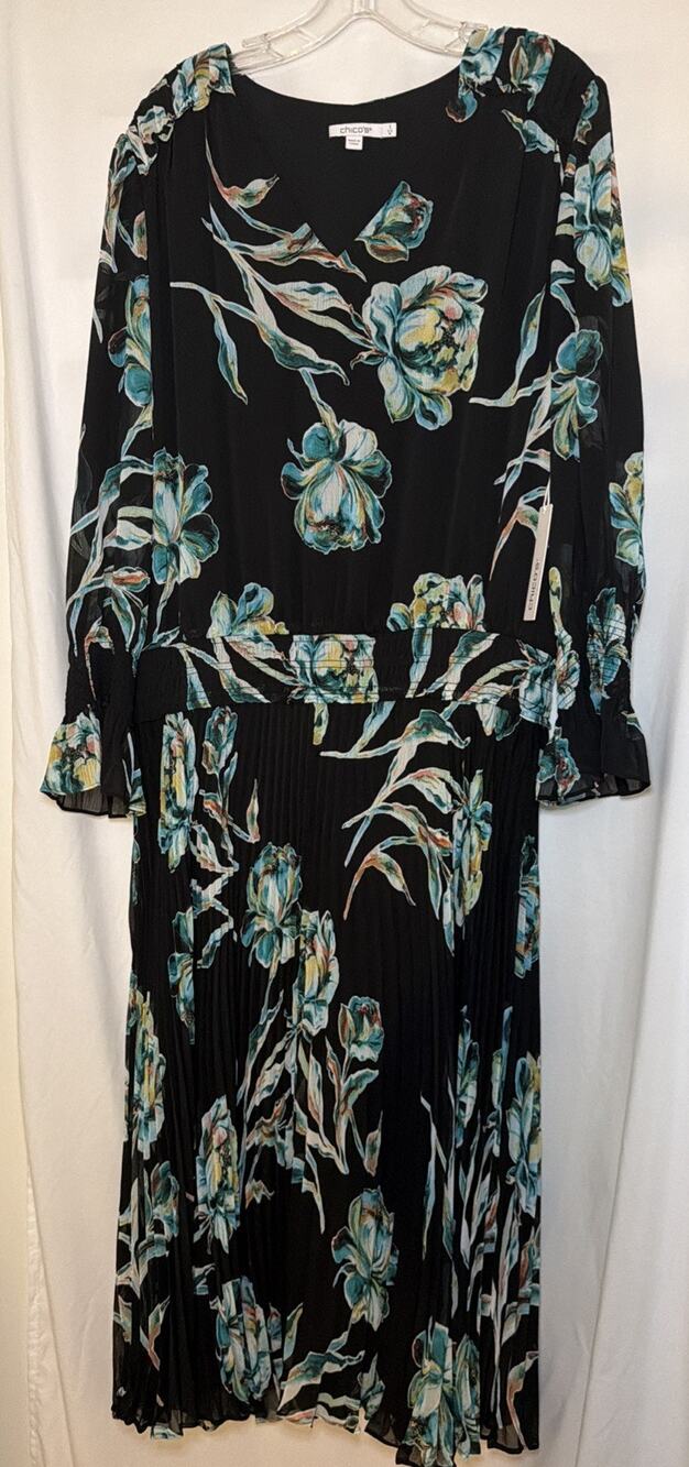 Chico’s Floral Pleated Dress Black Sheer Long Sleeve Boho Size 3 Church/Party